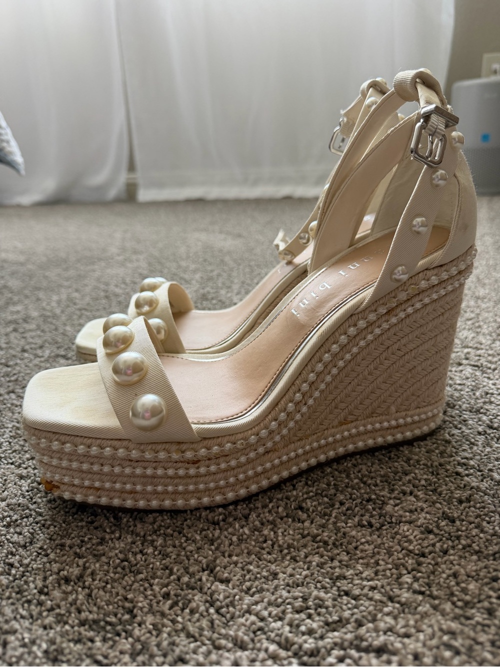 Gianni Bini Ivory Pearl-Embellished Platform Wedge Sandals - Picture 2 of 5